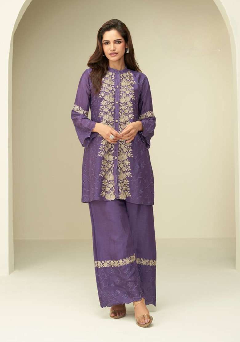 Violet Embroidered Silk Straight Kurta Set - Indya