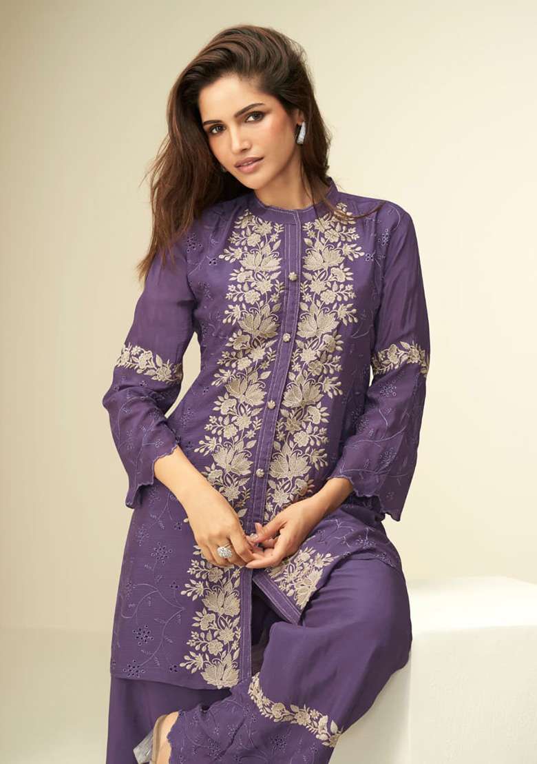 Violet Embroidered Silk Straight Kurta Set - Indya