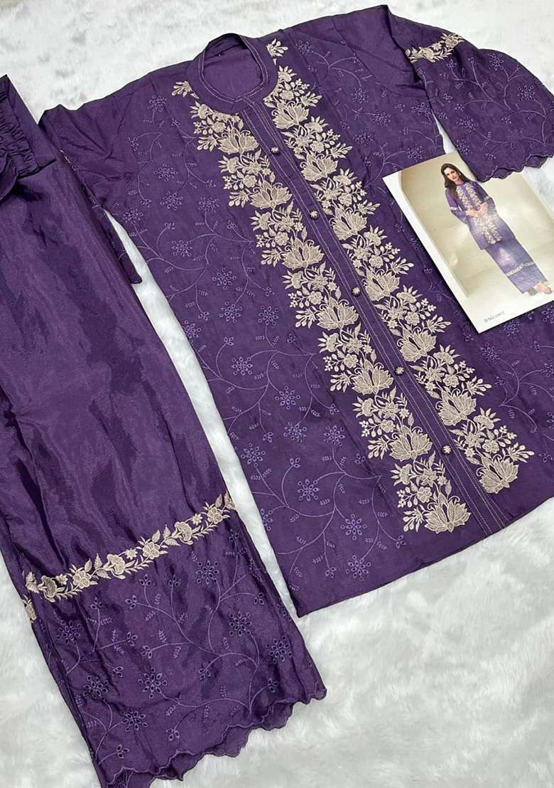 Violet Embroidered Silk Straight Kurta Set - Indya
