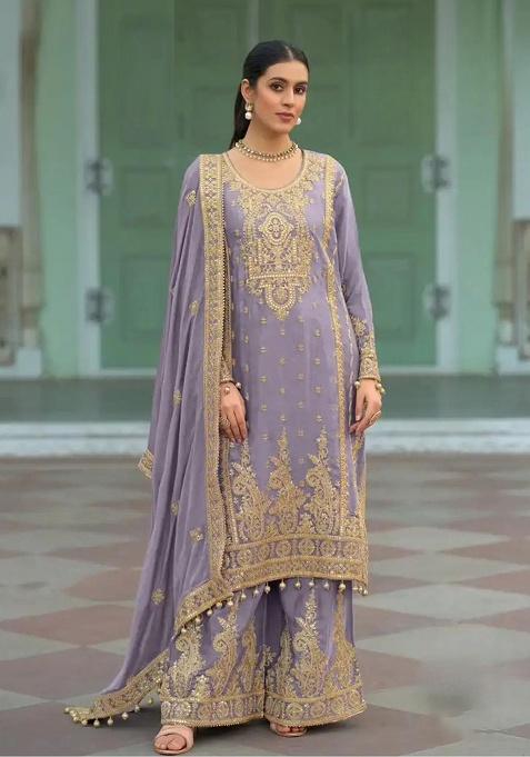 Lavender Embroidery Silk Salwar Suit Set