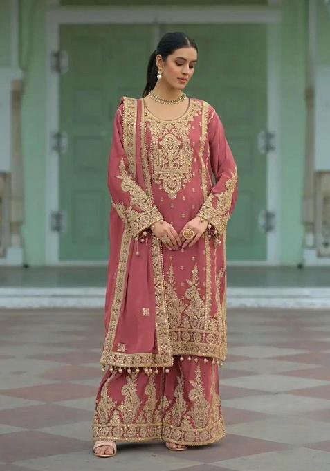 Coral Embroidery Silk Salwar Suit Set