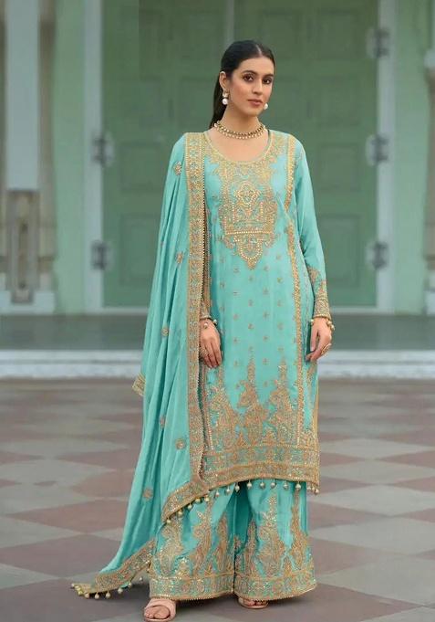 Sky Blue Embroidery Silk Salwar Suit Set