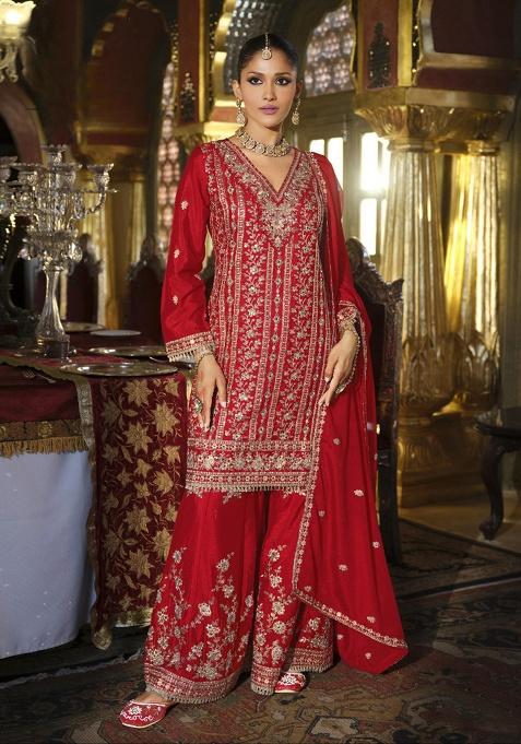 Red Embroidery Silk Salwar Suit Set