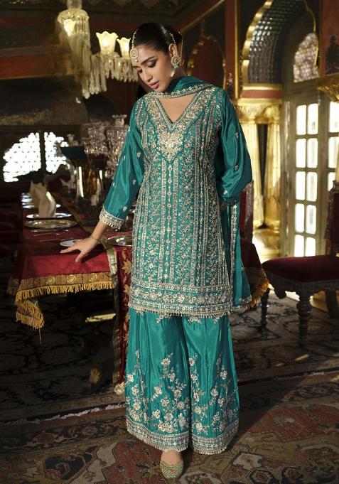 Sky Blue Embroidery Silk Salwar Suit Set