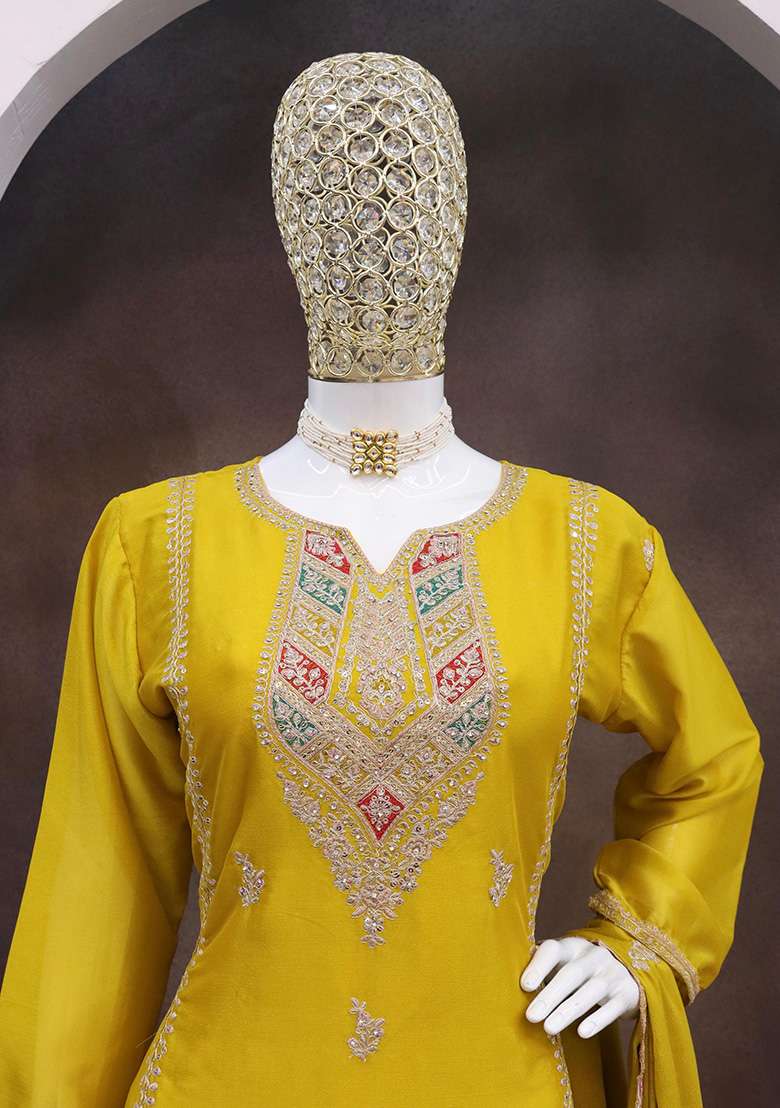 Yellow Embroidered Silk Blend Pakistani Suit Set - Indya