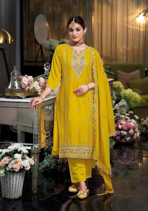 Yellow Embroidery Silk Salwar Suit Set