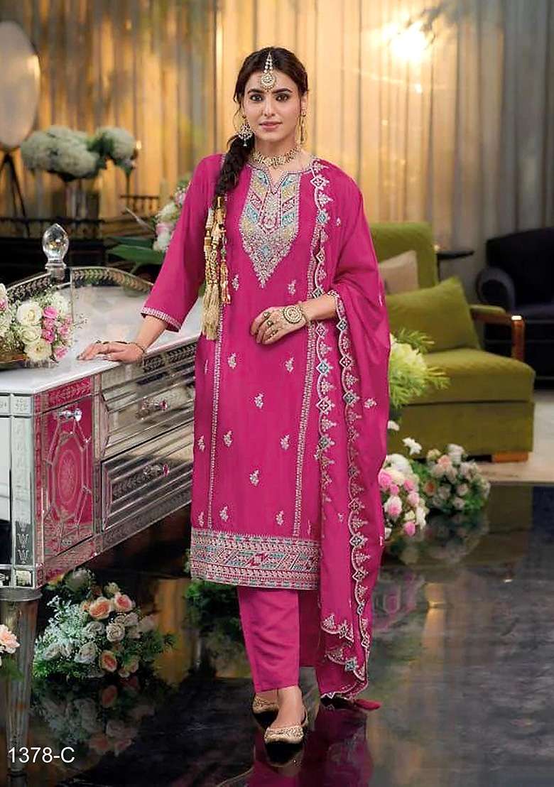 Rani Pink Embroidered Silk Blend Pakistani Suit Set - Indya