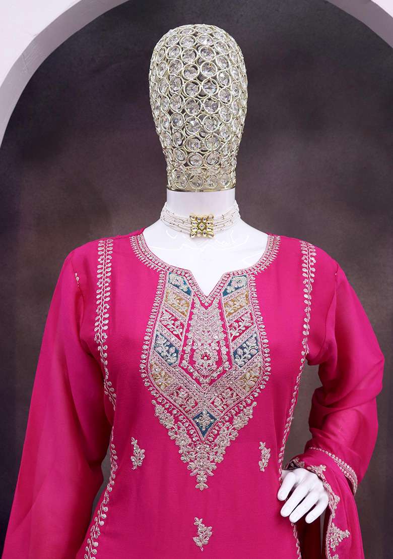 Rani Pink Embroidered Silk Blend Pakistani Suit Set - Indya
