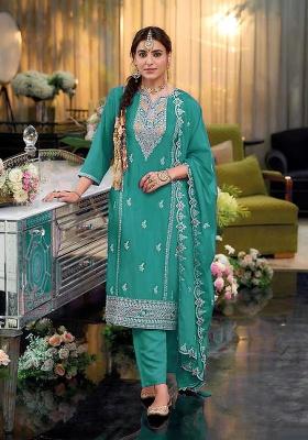 Turquoise Embroidery Silk Salwar Suit Set