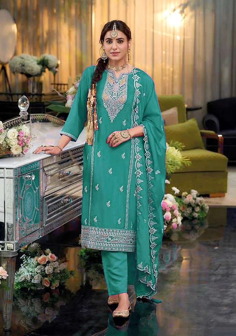 Turquoise Embroidered Silk Blend Pakistani Suit Set - Indya