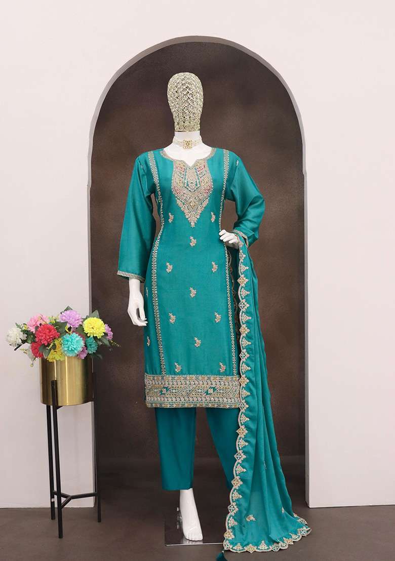 Turquoise Embroidered Silk Blend Pakistani Suit Set - Indya