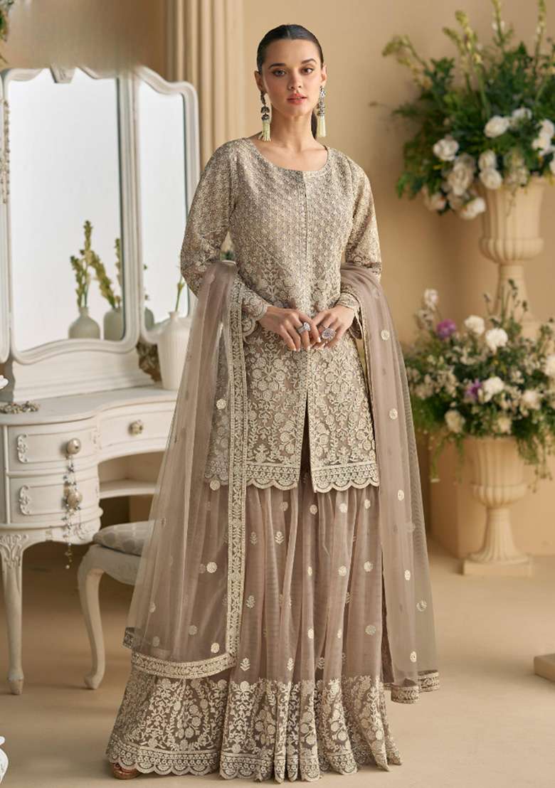 Cream Embroidered Net Sharara Set - Indya
