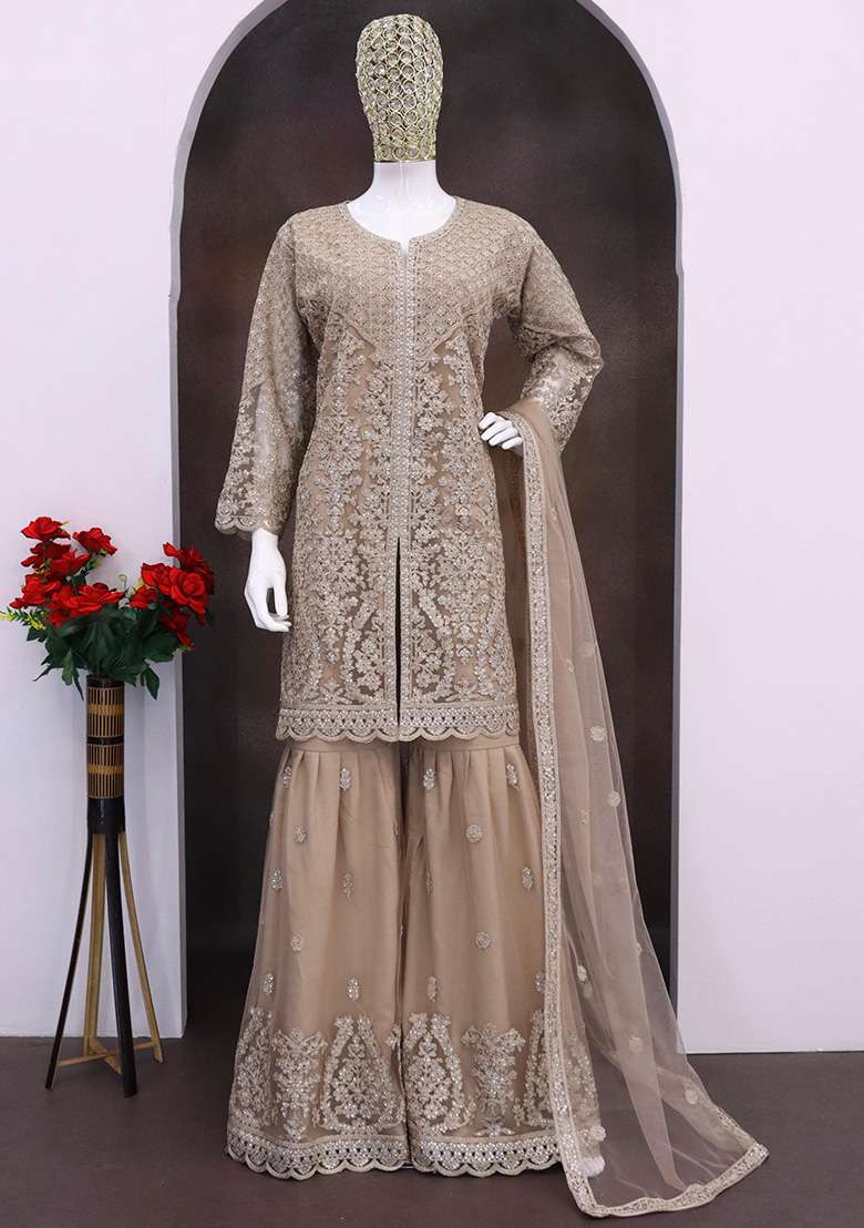 Cream Embroidered Net Sharara Set - Indya