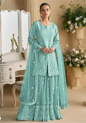 Sky Blue Embroidery Net Salwar Suit Set