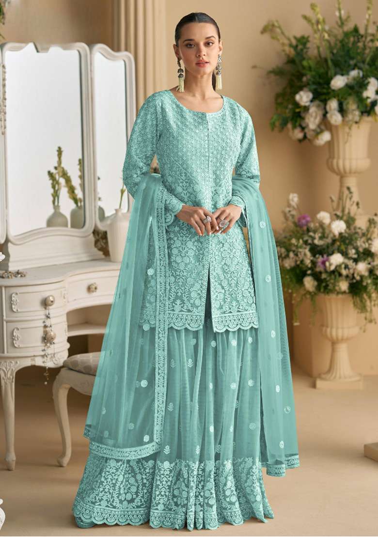 Sky Blue Chikankari Net Sharara Set - Indya