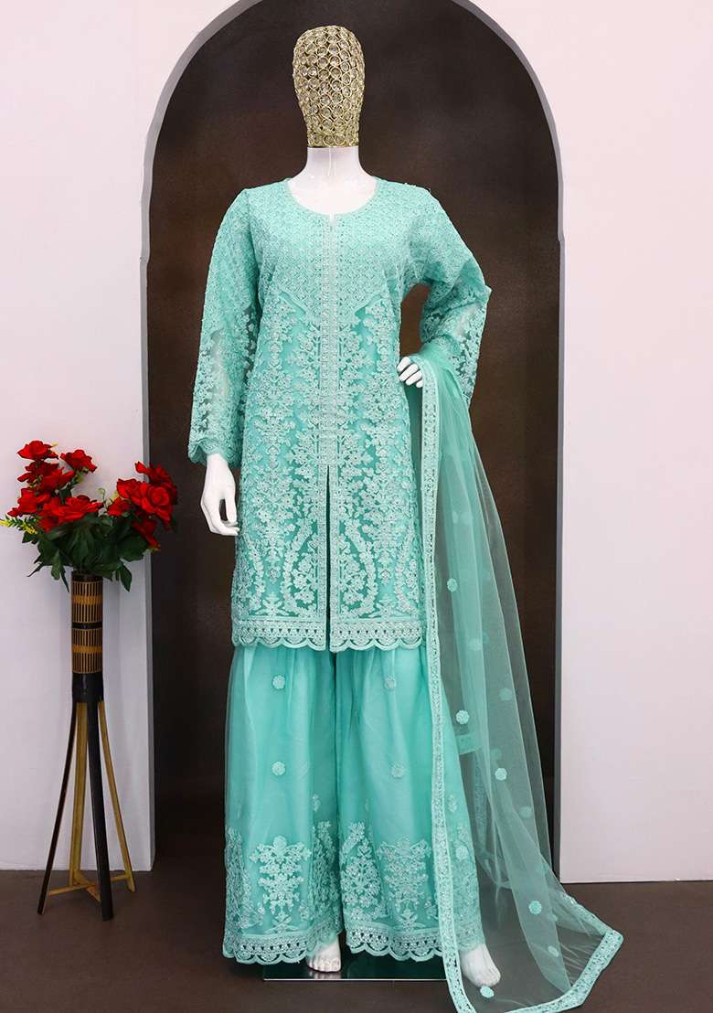 Sky Blue Chikankari Net Sharara Set - Indya