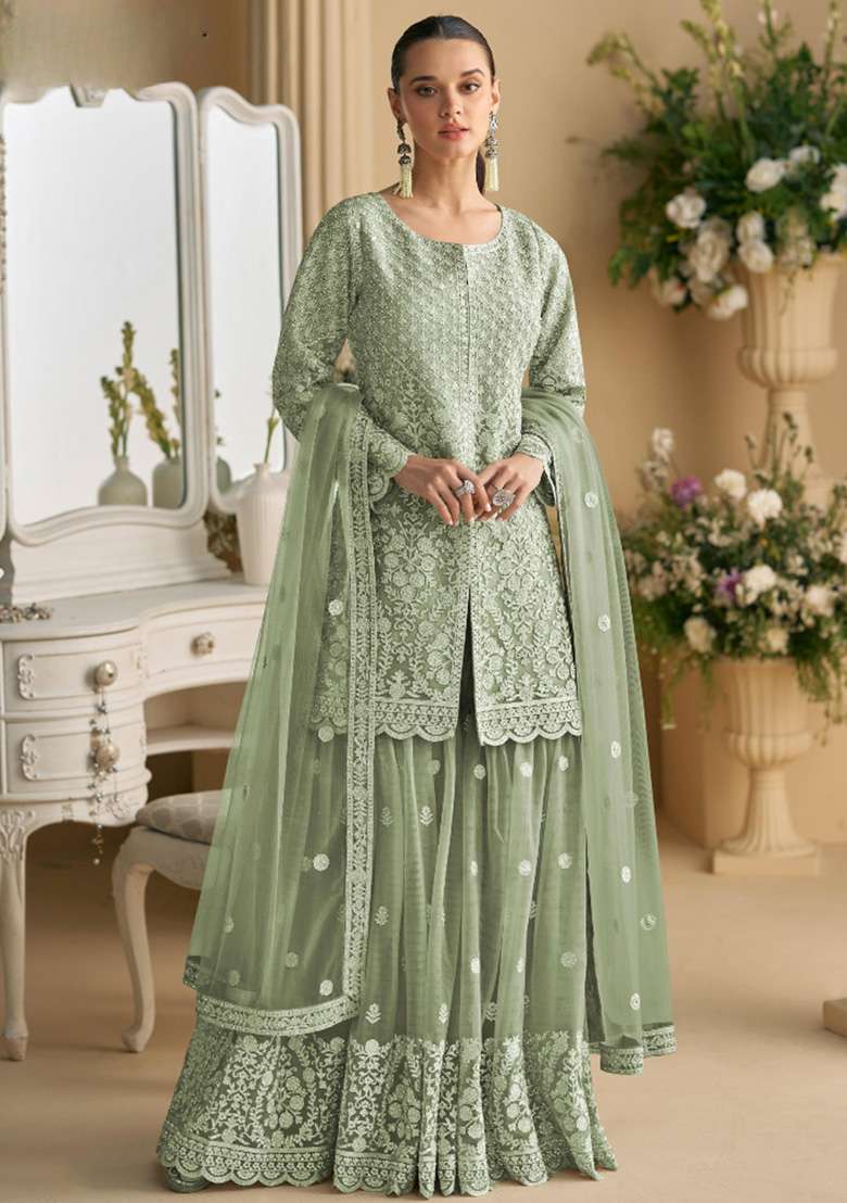 Green Embroidered Net Sharara Set - Indya