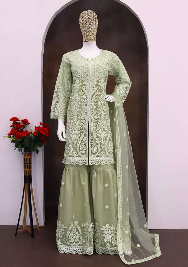Green Embroidered Net Sharara Set - Indya