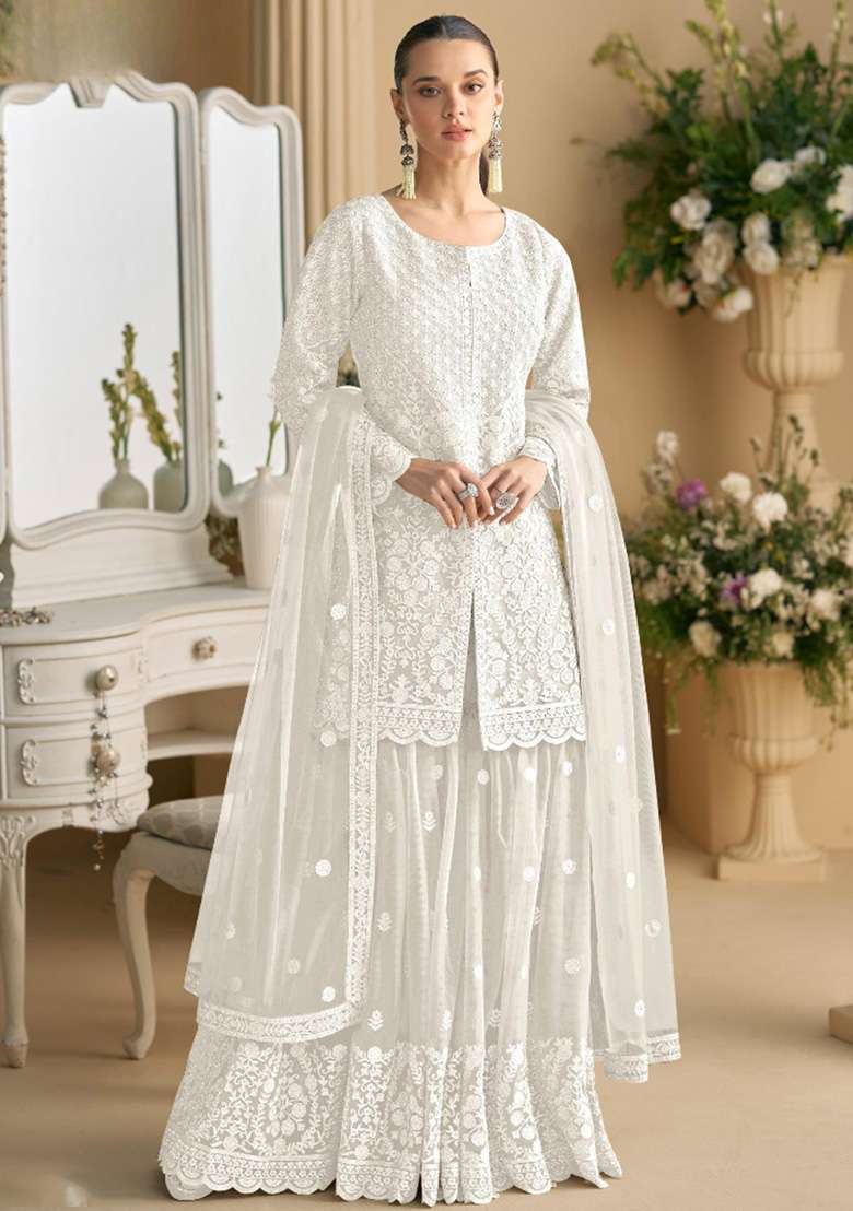 White Chikankari Net Sharara Set - Indya