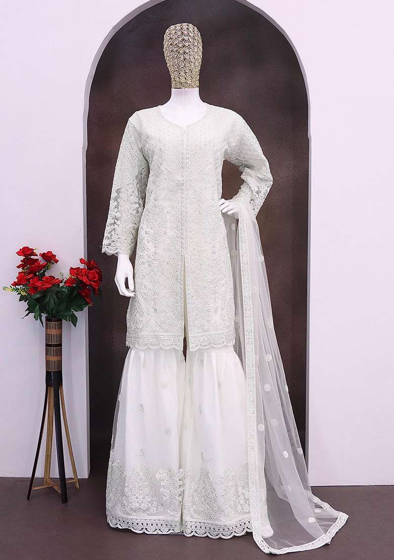 White Chikankari Net Sharara Set - Indya
