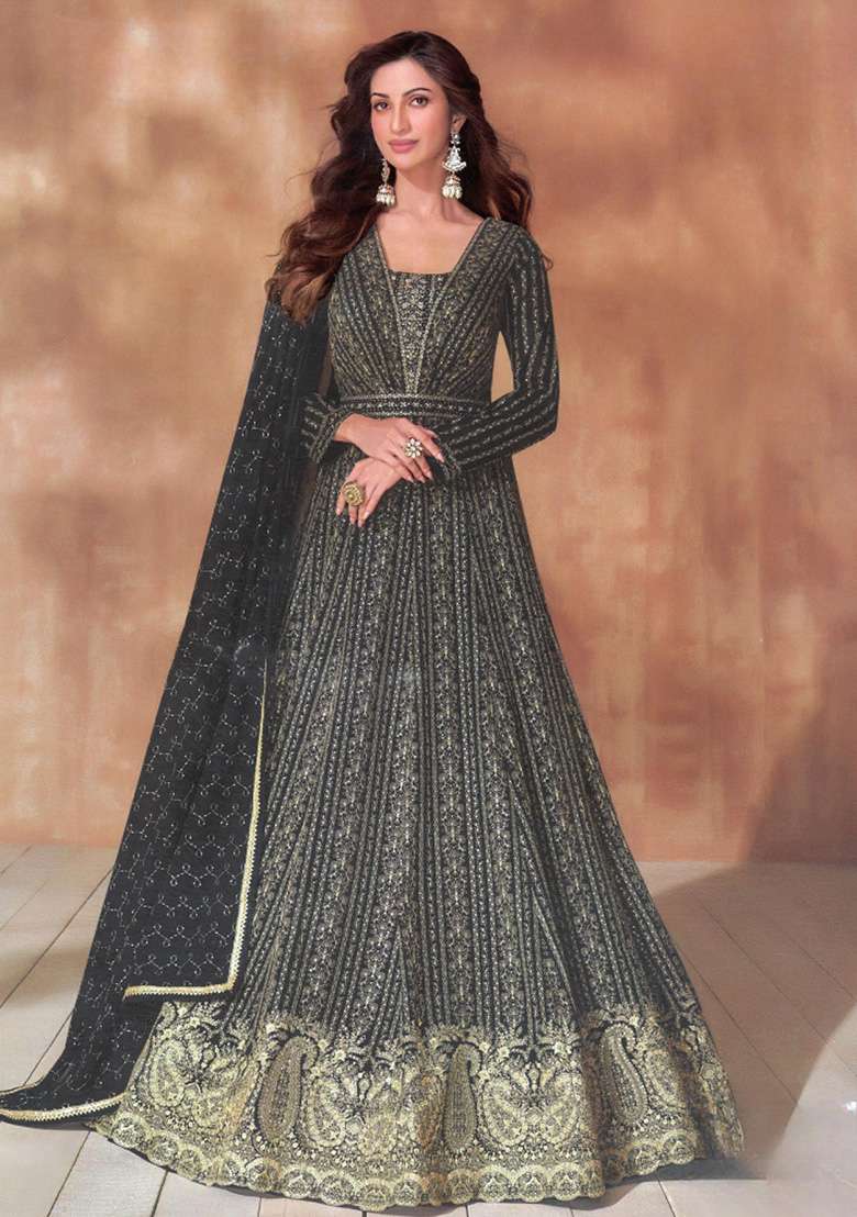 Black Embroidered Georgette Anarkali Set - Indya