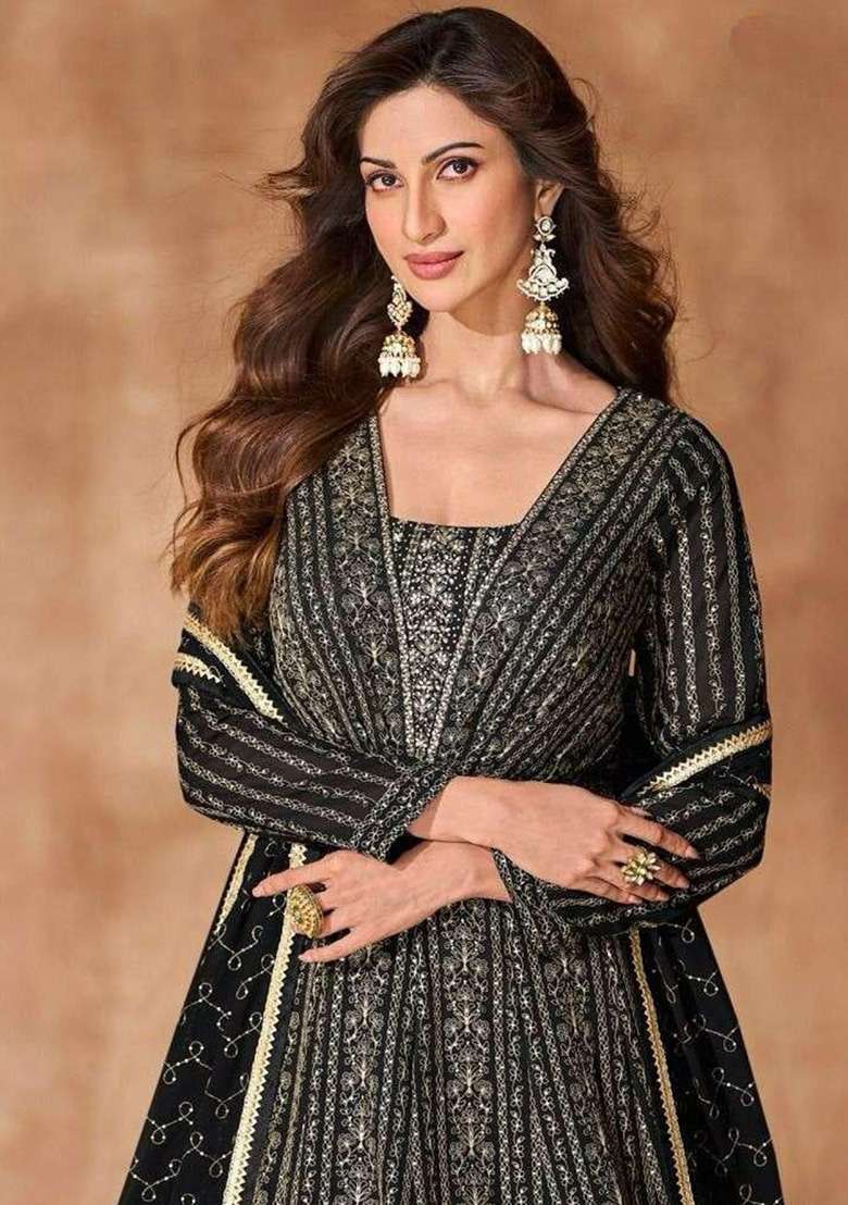 Black Embroidered Georgette Anarkali Set - Indya