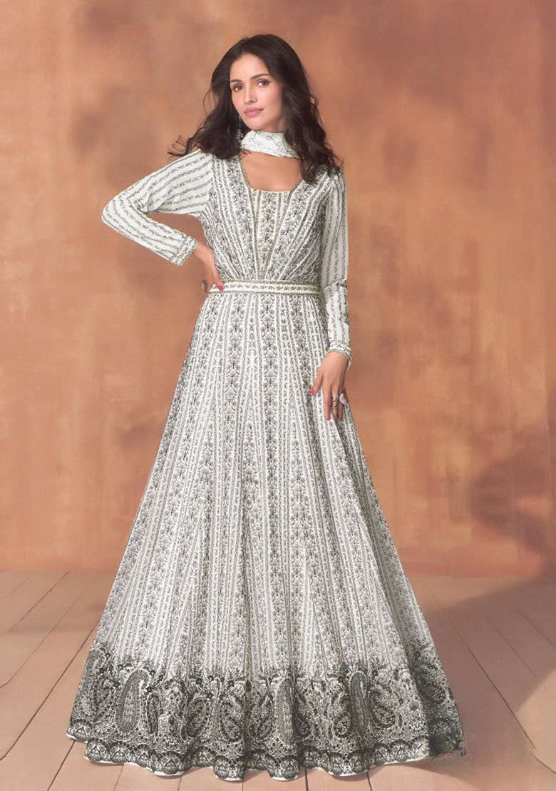 White Printed Georgette Anarkali Set - Indya