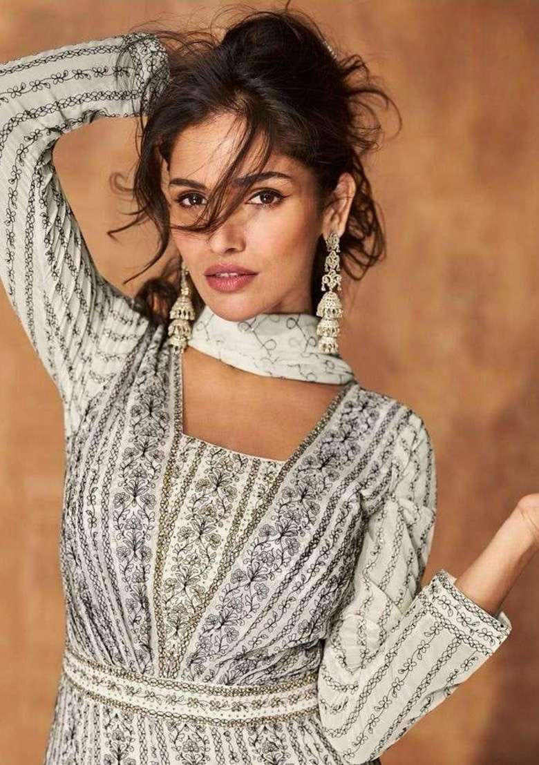 White Printed Georgette Anarkali Set - Indya