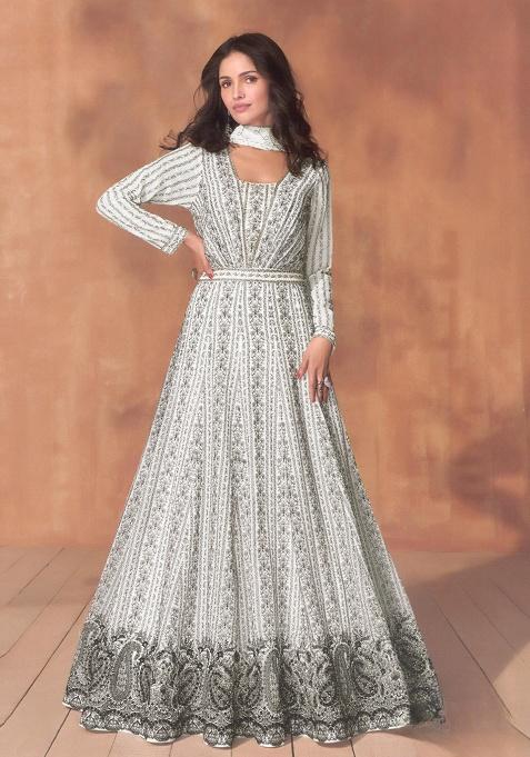 White Embroidery Georgette Salwar Suit Set