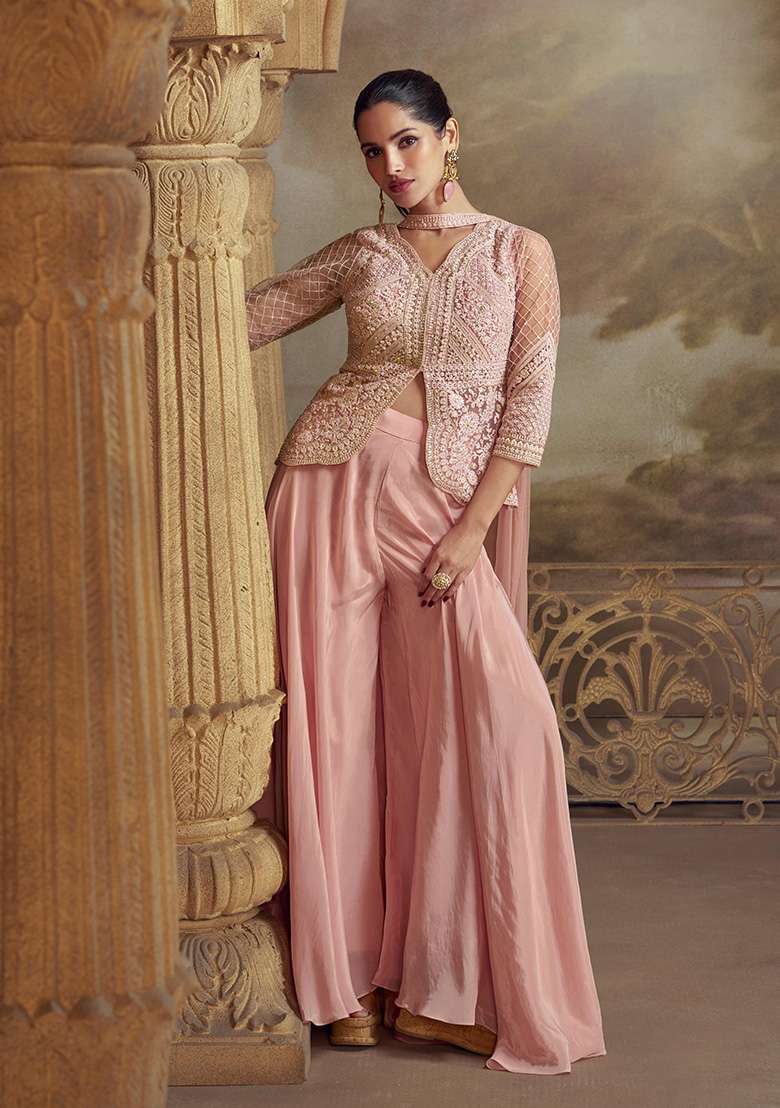Baby Pink Embroidered Net Sharara Set - Indya