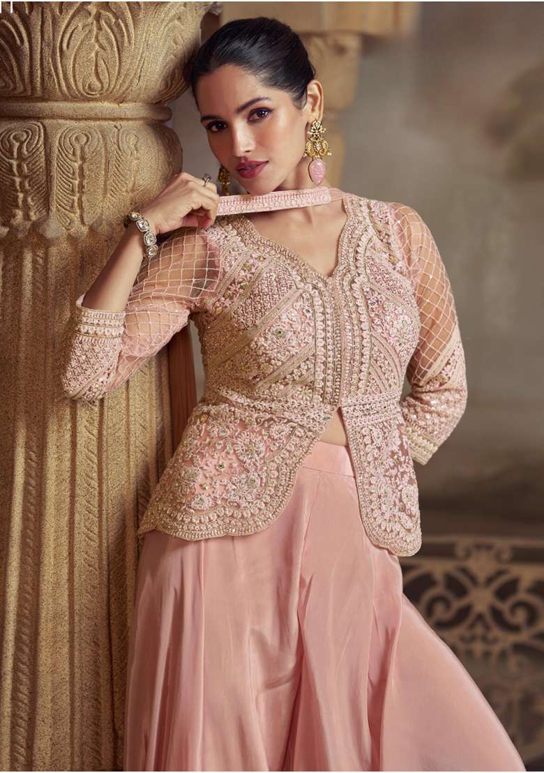 Baby Pink Embroidered Net Sharara Set - Indya