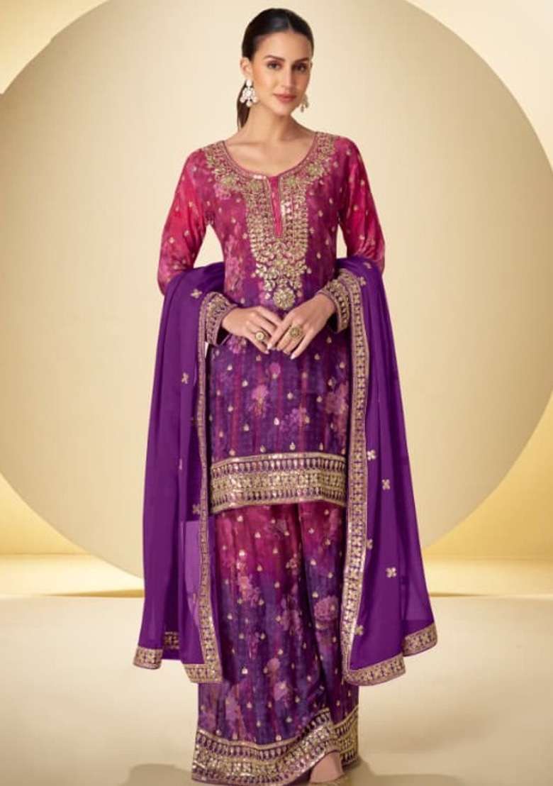 Purple Embroidery Silk Salwar Suit Set - Indya