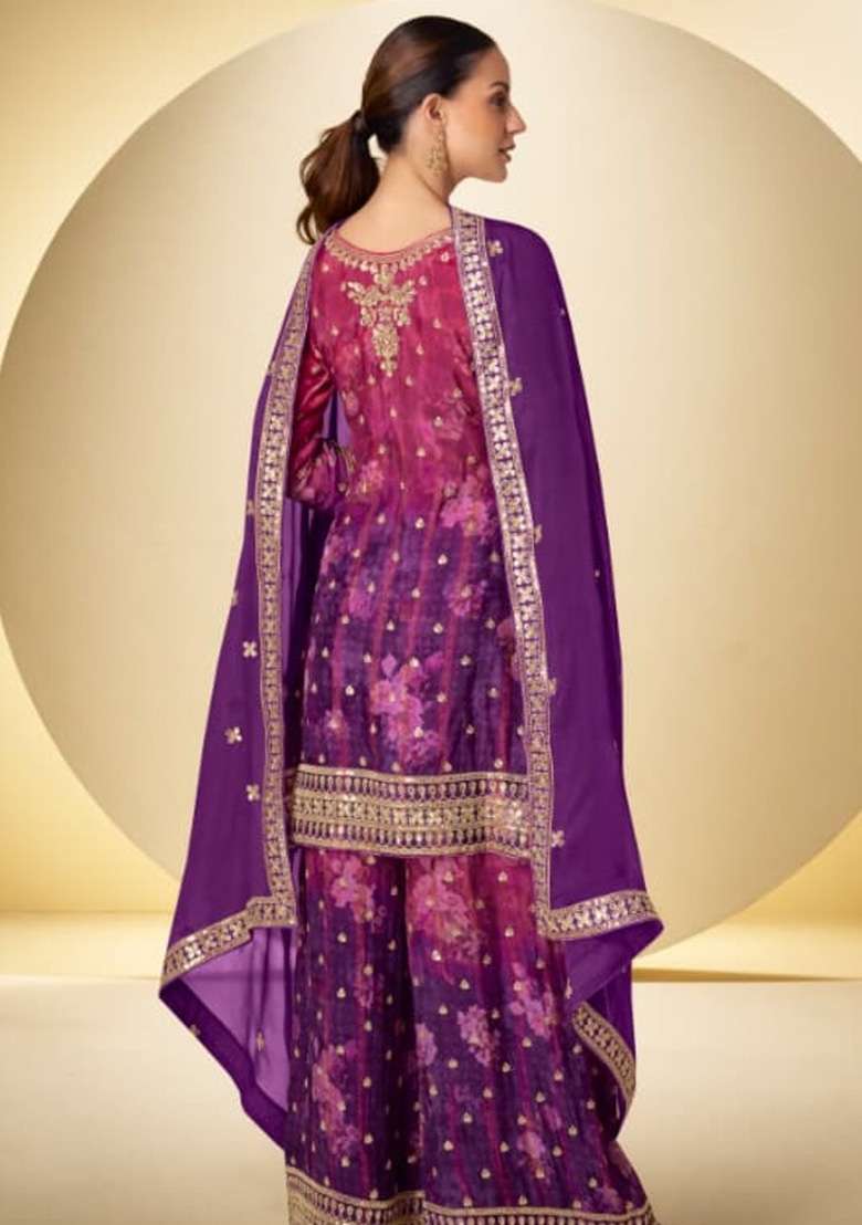 Purple Embroidery Silk Salwar Suit Set - Indya