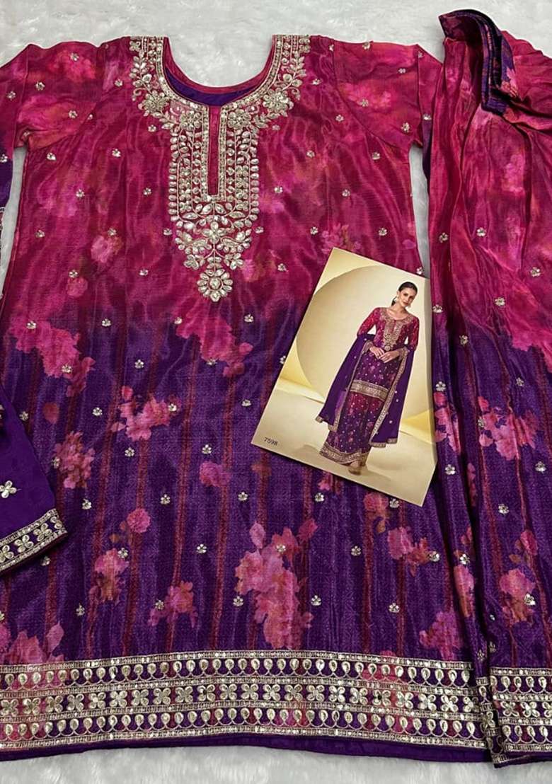 Purple Embroidery Silk Salwar Suit Set - Indya