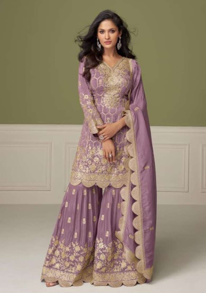 Purple Embroidered Shimmer Sharara Set - Indya