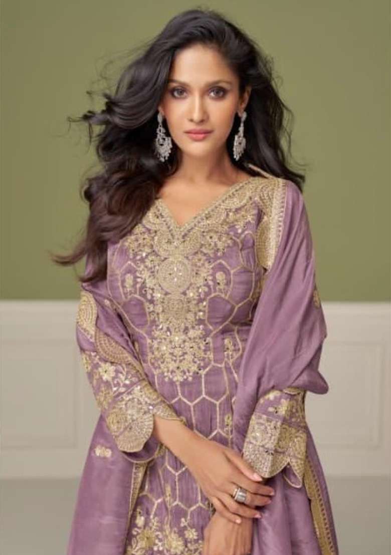 Purple Embroidered Shimmer Sharara Set - Indya