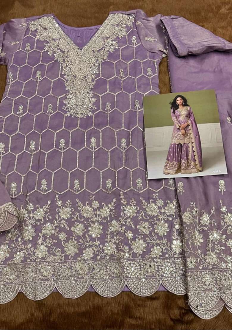Purple Embroidered Shimmer Sharara Set - Indya