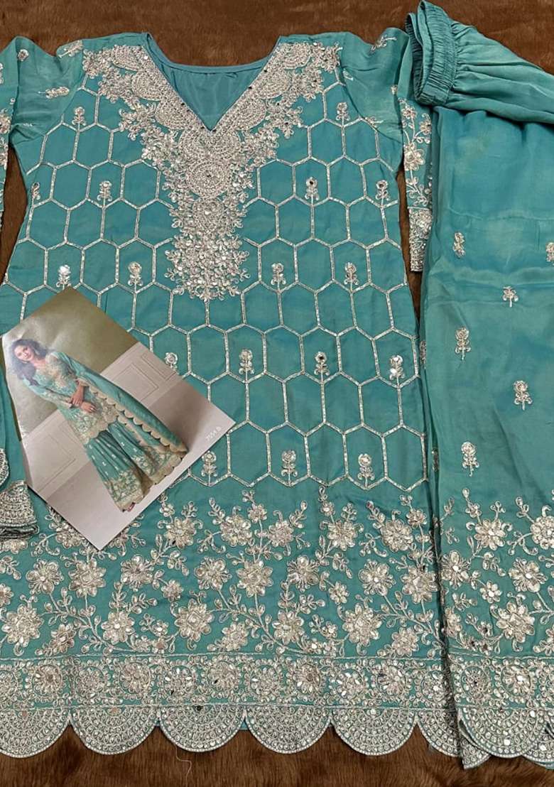 Sky Blue Embroidered Shimmer Sharara Set - Indya
