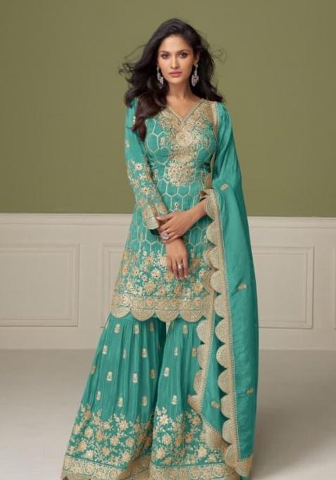 Sky Blue Embroidery Shimmer Salwar Suit Set