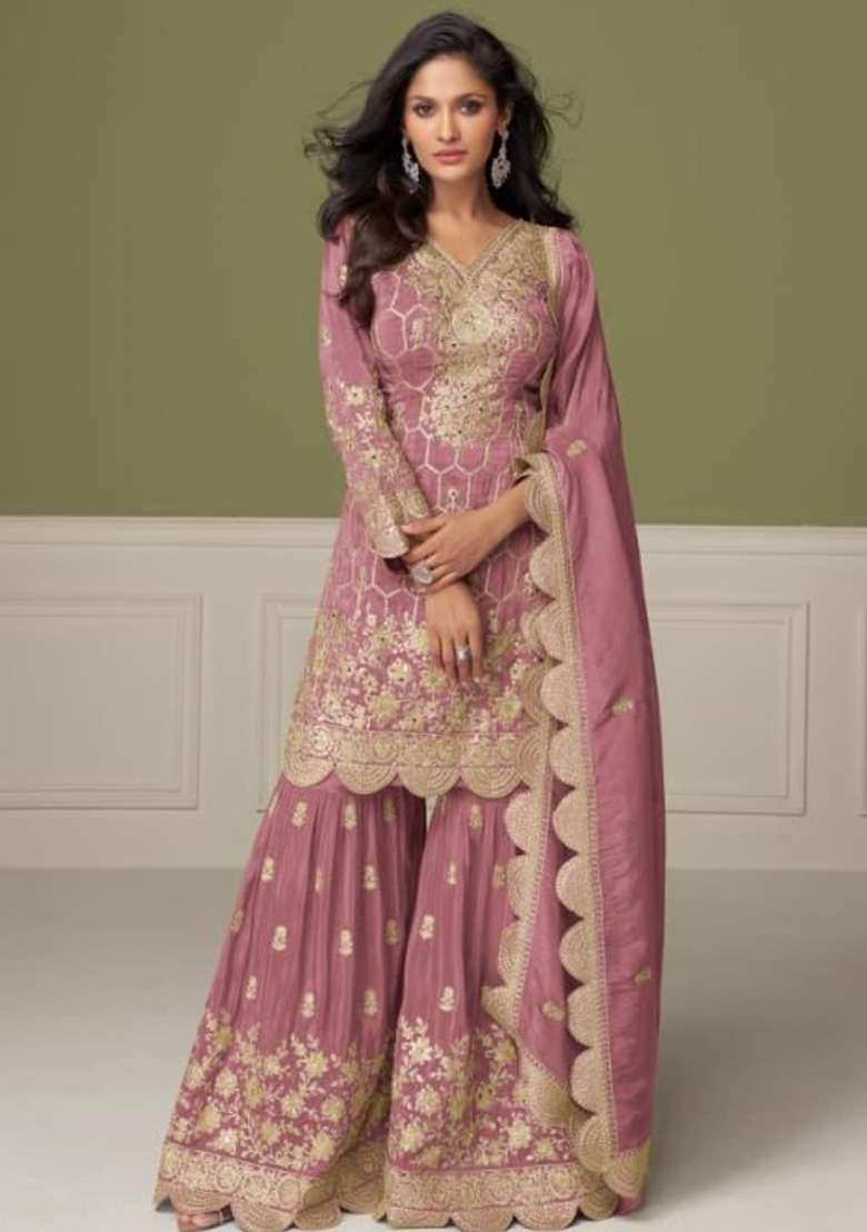 Peach Embroidered Shimmer Sharara Set - Indya