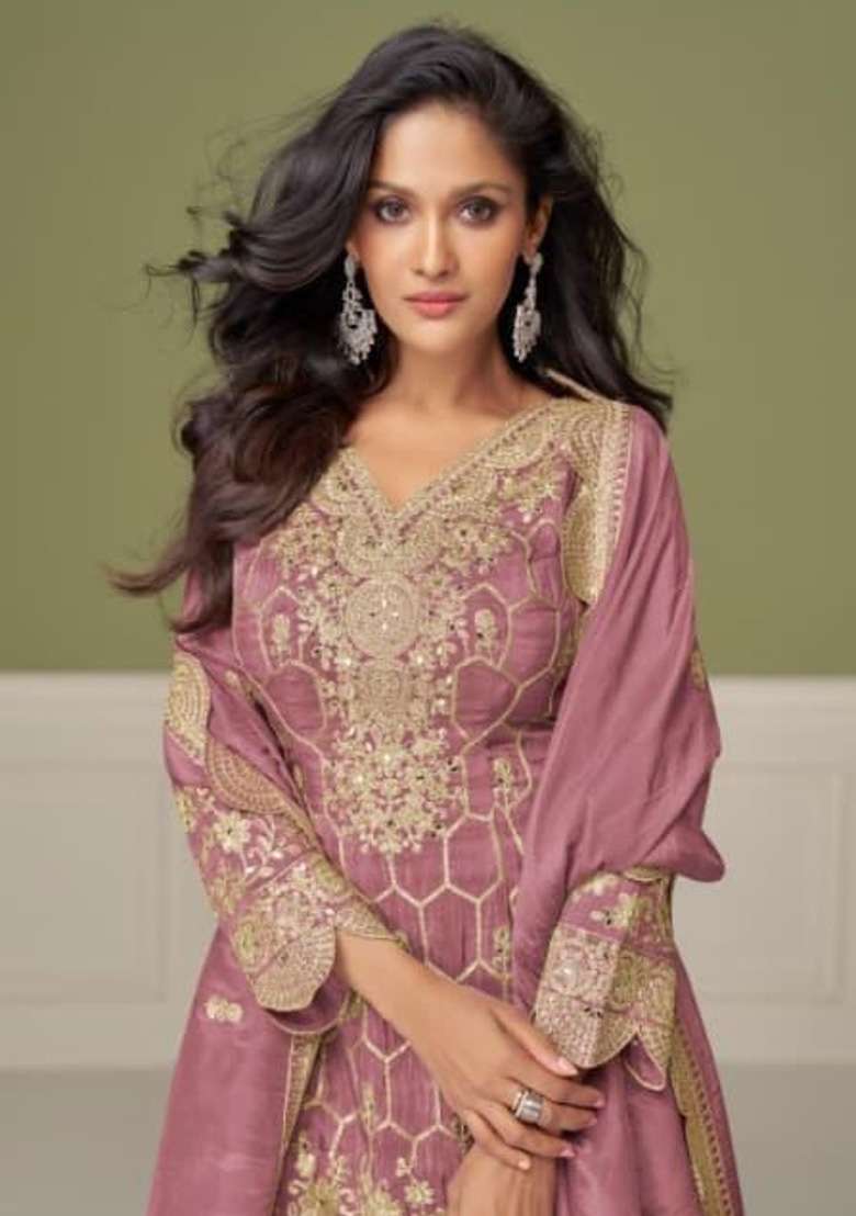 Peach Embroidered Shimmer Sharara Set - Indya