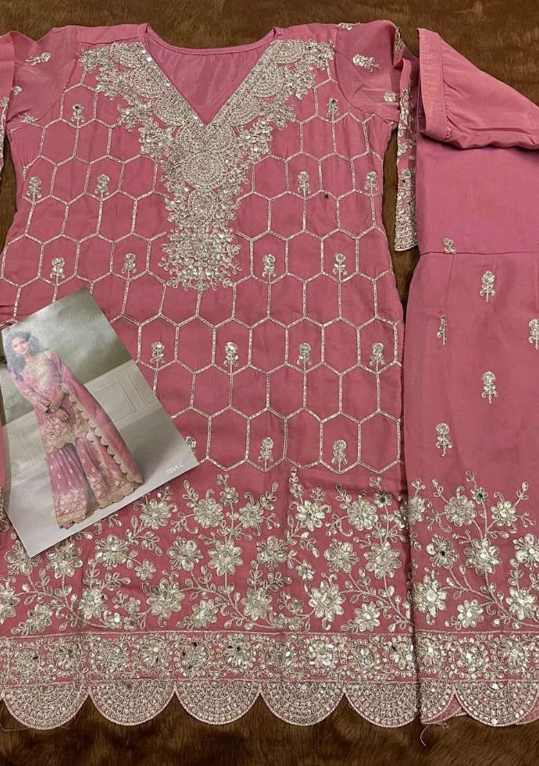 Peach Embroidered Shimmer Sharara Set - Indya
