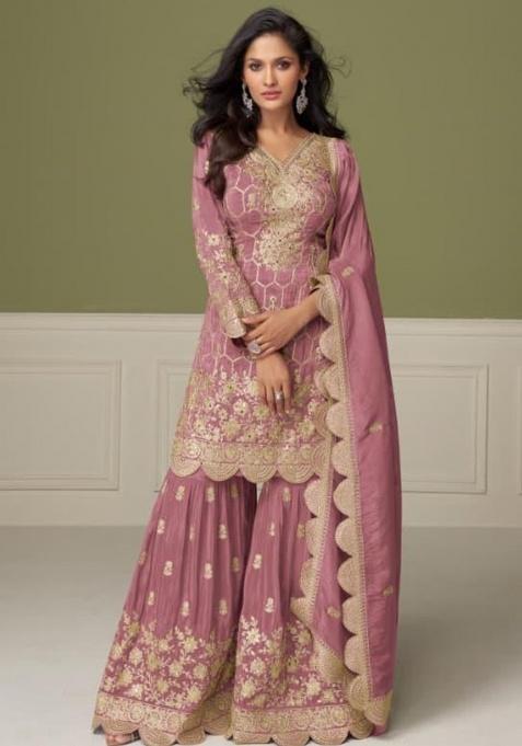 Peach Embroidery Shimmer Salwar Suit Set