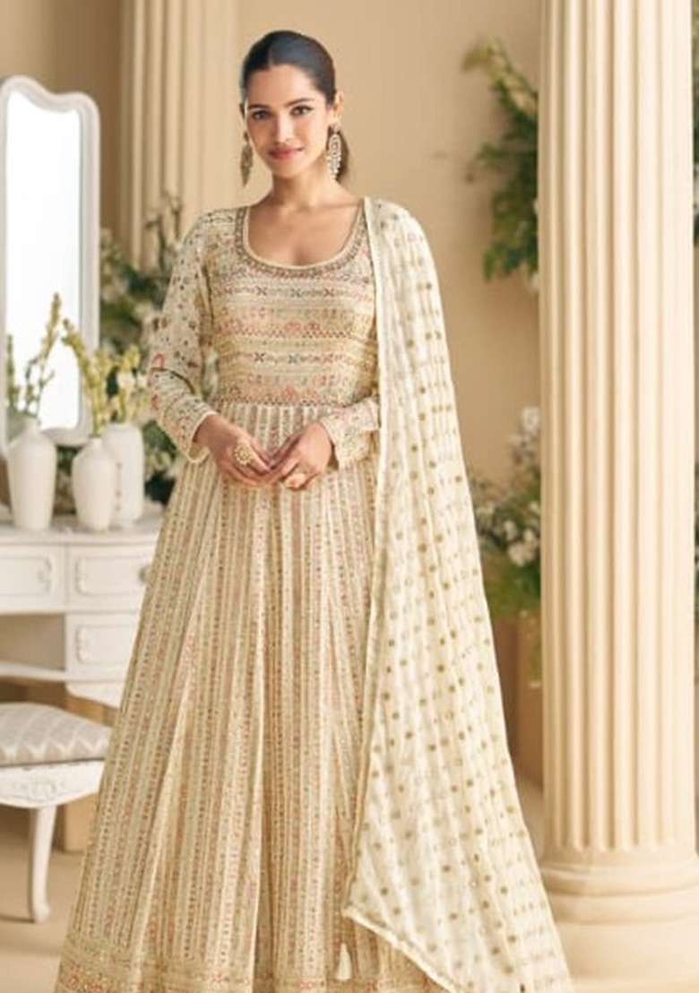 Cream Embroidered Georgette Anarkali Set - Indya