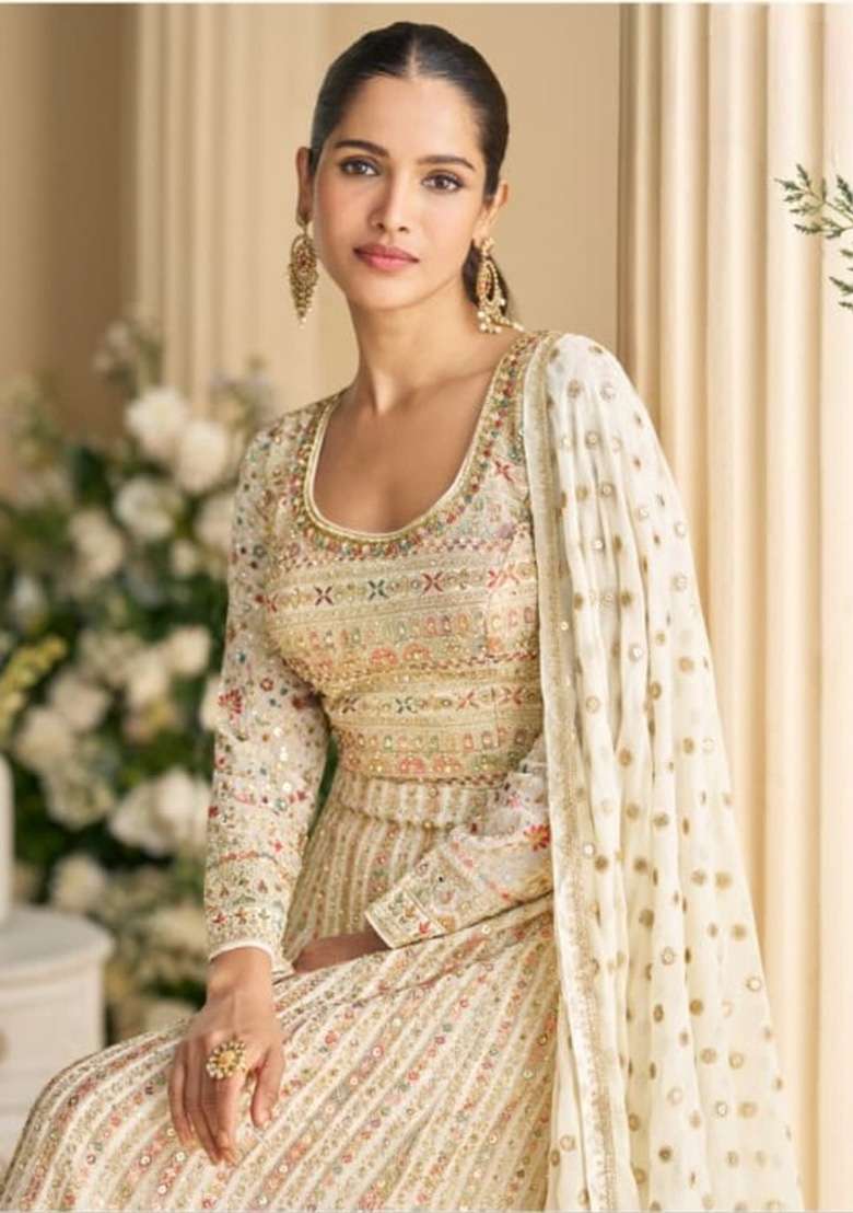 Cream Embroidered Georgette Anarkali Set - Indya