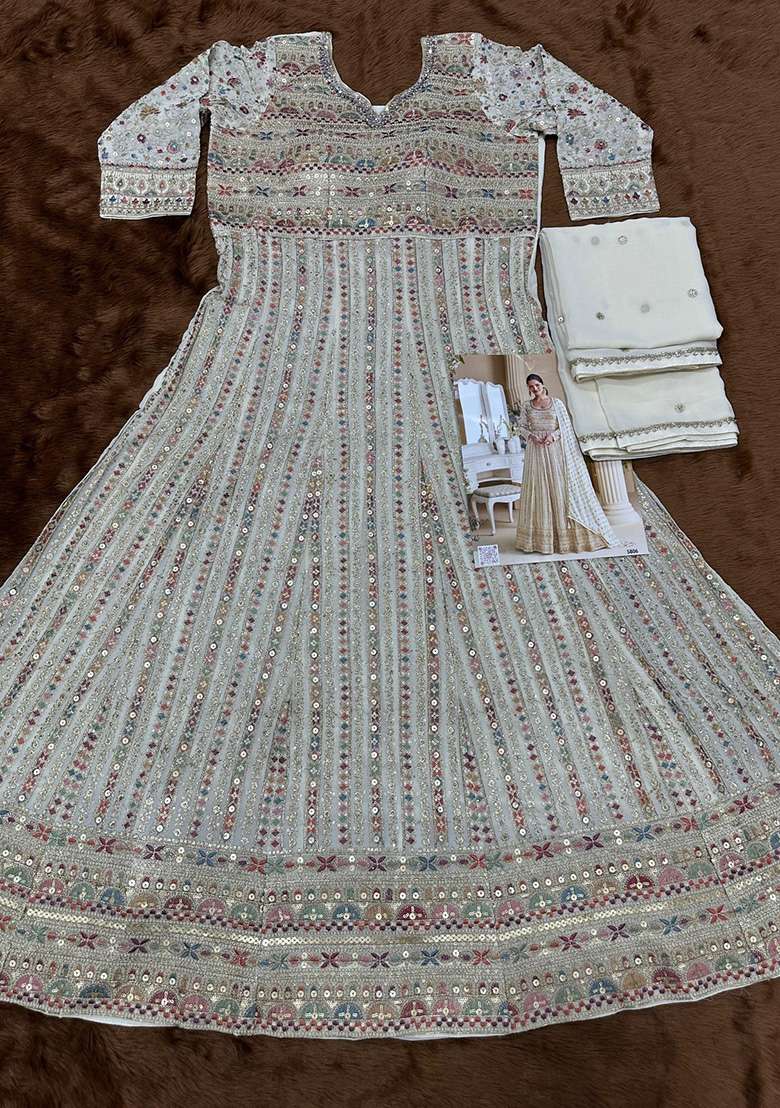 Cream Embroidered Georgette Anarkali Set - Indya