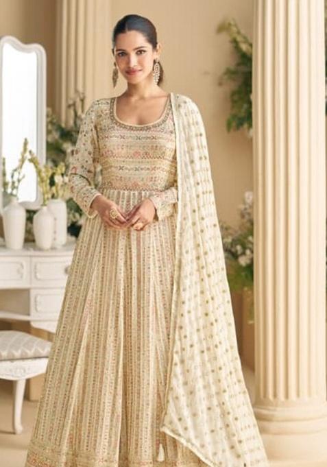 Cream Embroidery Georgette Salwar Suit Set