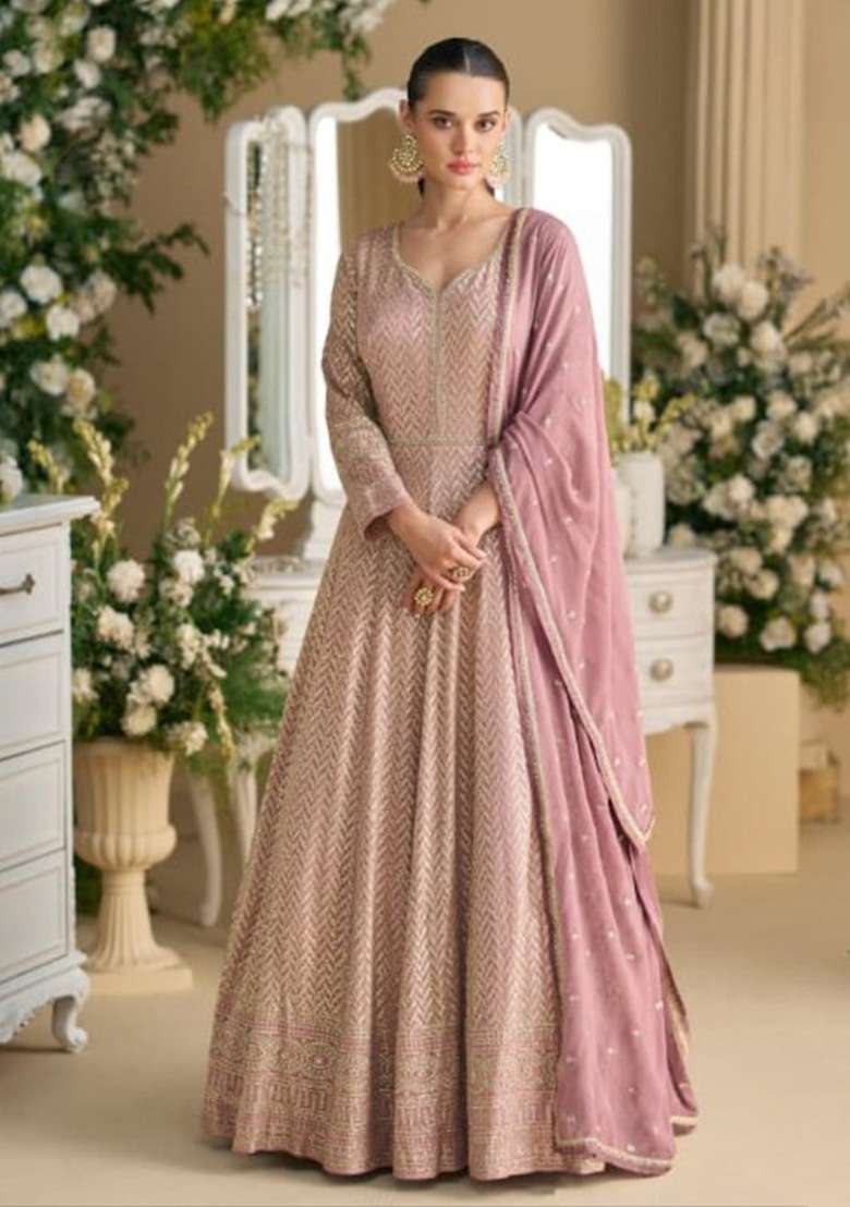 Purple Embroidered Georgette Anarkali Set - Indya