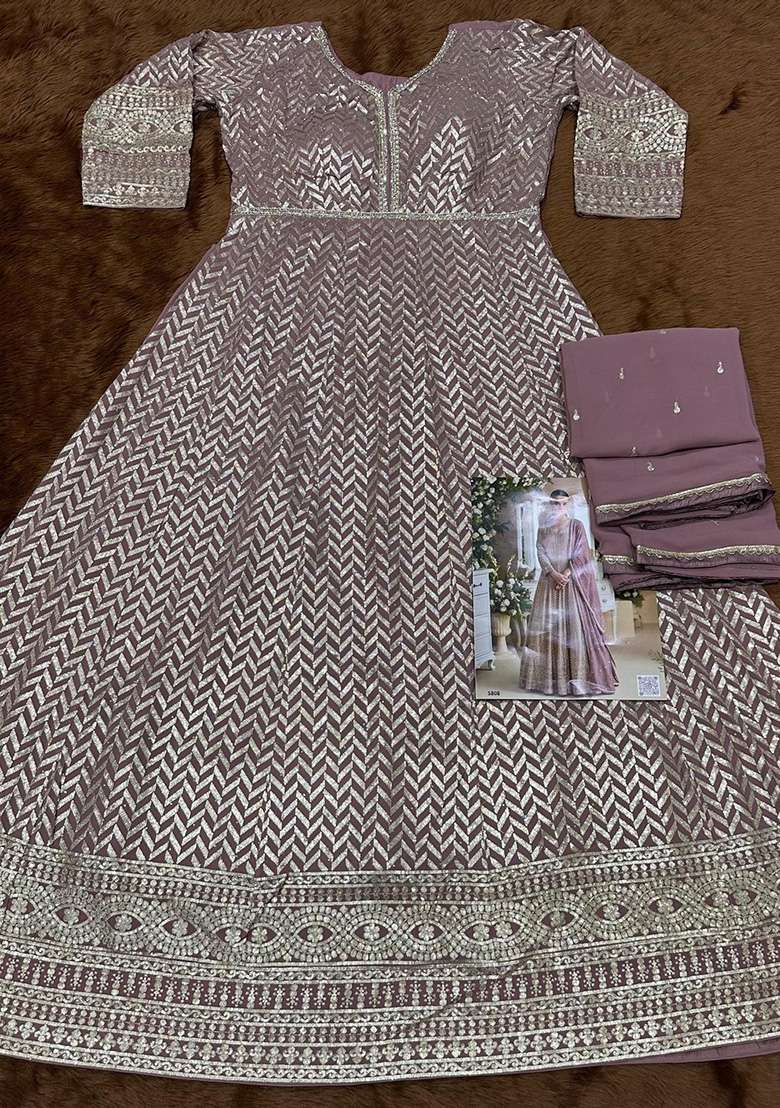 Purple Embroidered Georgette Anarkali Set - Indya