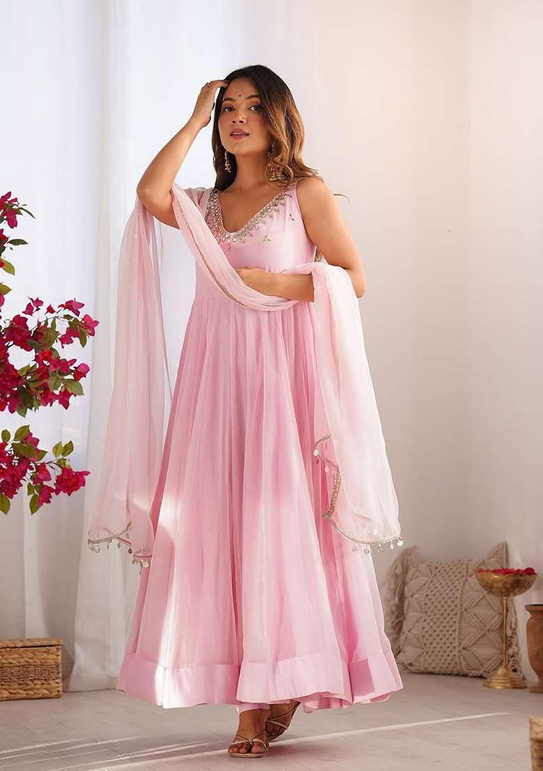 Pink Embellished Georgette Anarkali Set - Indya